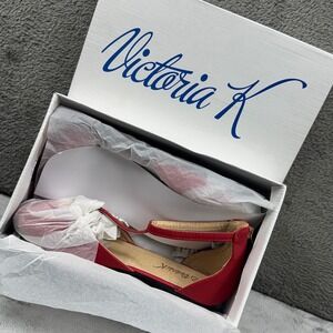 Victoria K Red T Strap Ballet Flats Women Size 7.5 Rhinestone Accent Zip Ankle